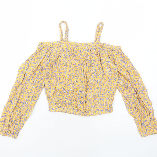 Marks and Spencer Girls Orange Floral Viscose Pullover Blouse Size 9-10 Years Off the Shoulder Pullover
