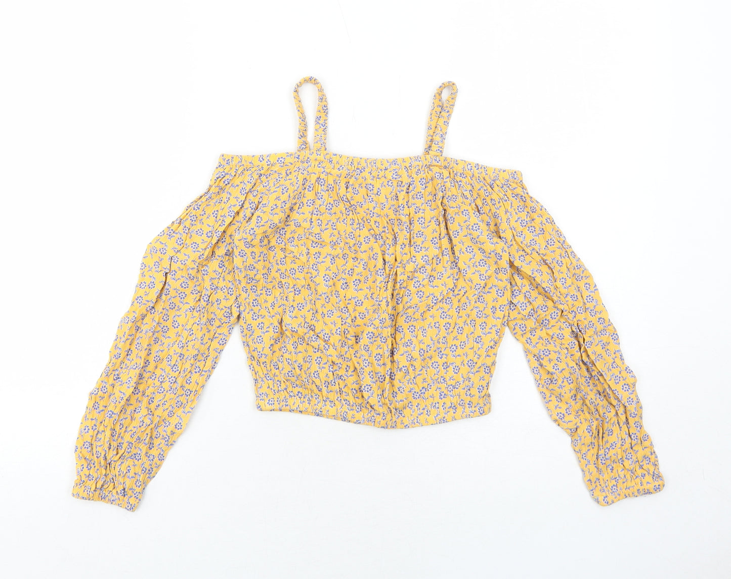 Marks and Spencer Girls Orange Floral Viscose Pullover Blouse Size 9-10 Years Off the Shoulder Pullover