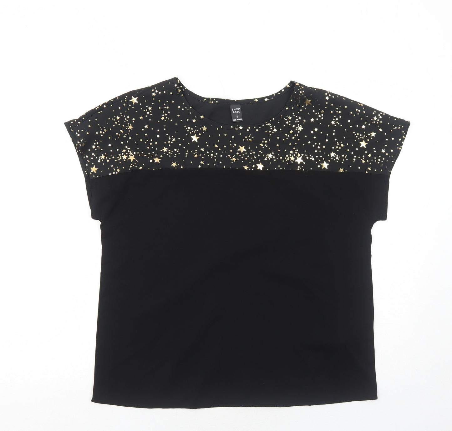 Emery Rose Womens Black Geometric Polyester Basic T-Shirt Size S Boat Neck - Star Pattern