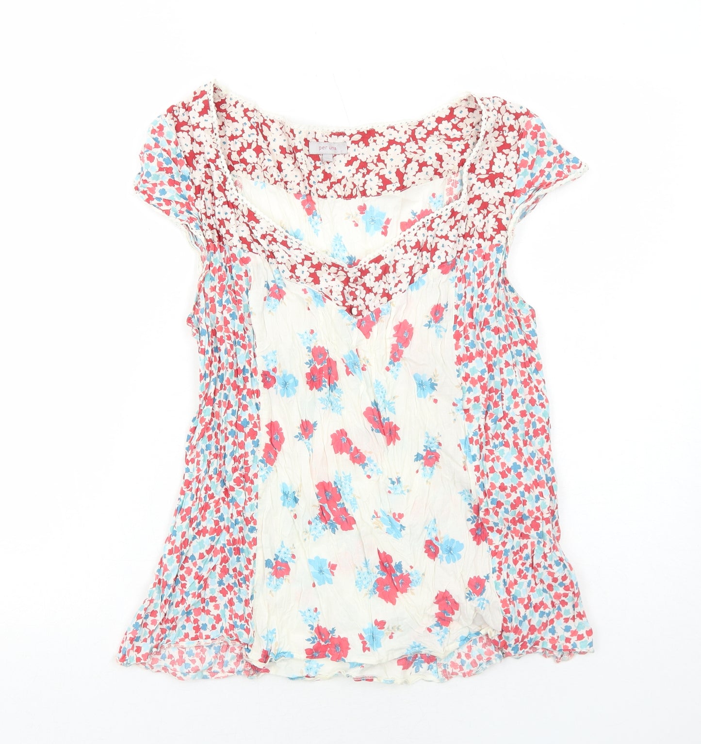Per Una Womens Red Floral Cotton Basic Blouse Size 18 Scoop Neck