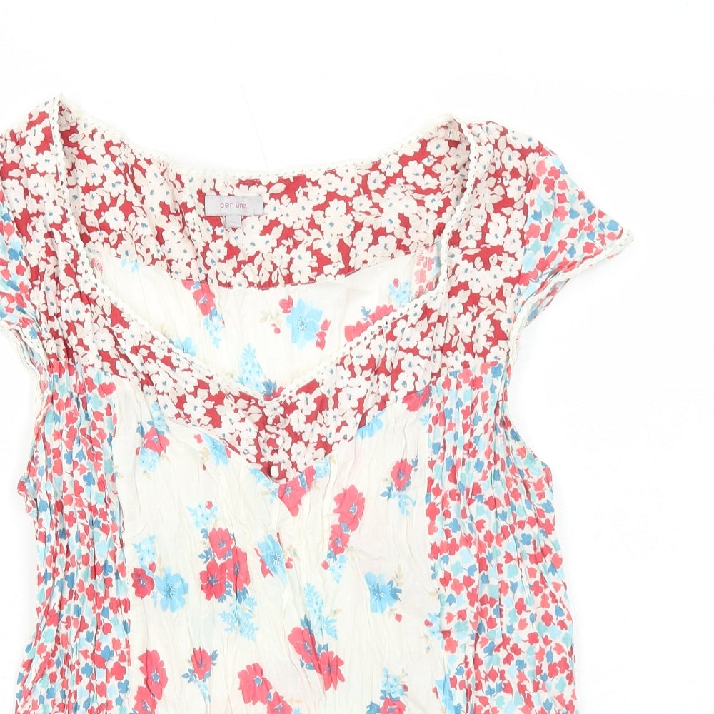 Per Una Womens Red Floral Cotton Basic Blouse Size 18 Scoop Neck
