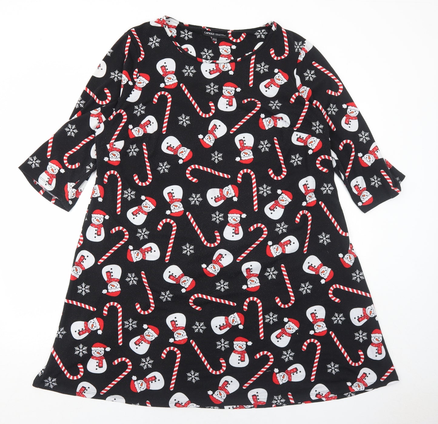 Capsule Womens Black Geometric Polyester Trapeze & Swing Size 22 Round Neck Pullover - Christmas Snowman Candy Cane