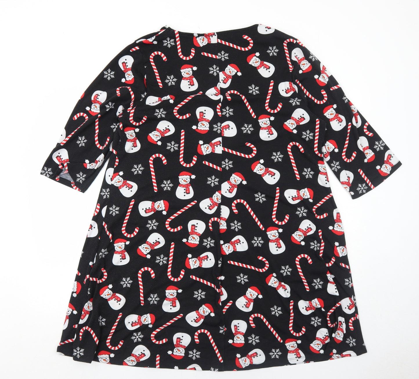 Capsule Womens Black Geometric Polyester Trapeze & Swing Size 22 Round Neck Pullover - Christmas Snowman Candy Cane