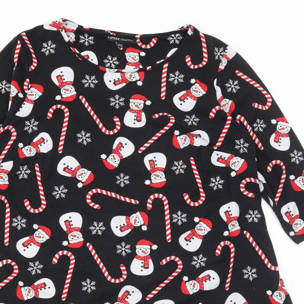 Capsule Womens Black Geometric Polyester Trapeze & Swing Size 22 Round Neck Pullover - Christmas Snowman Candy Cane
