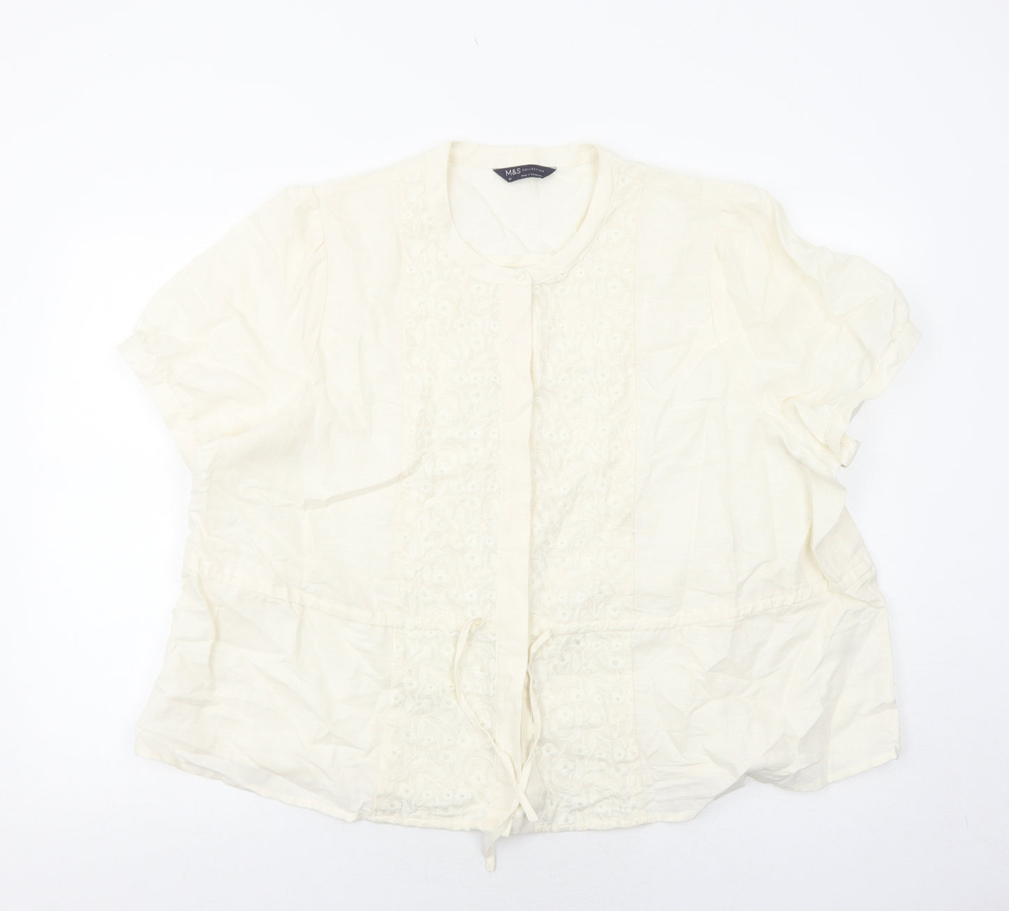 Marks and Spencer Womens Ivory Geometric Linen Basic Blouse Size 22 Round Neck