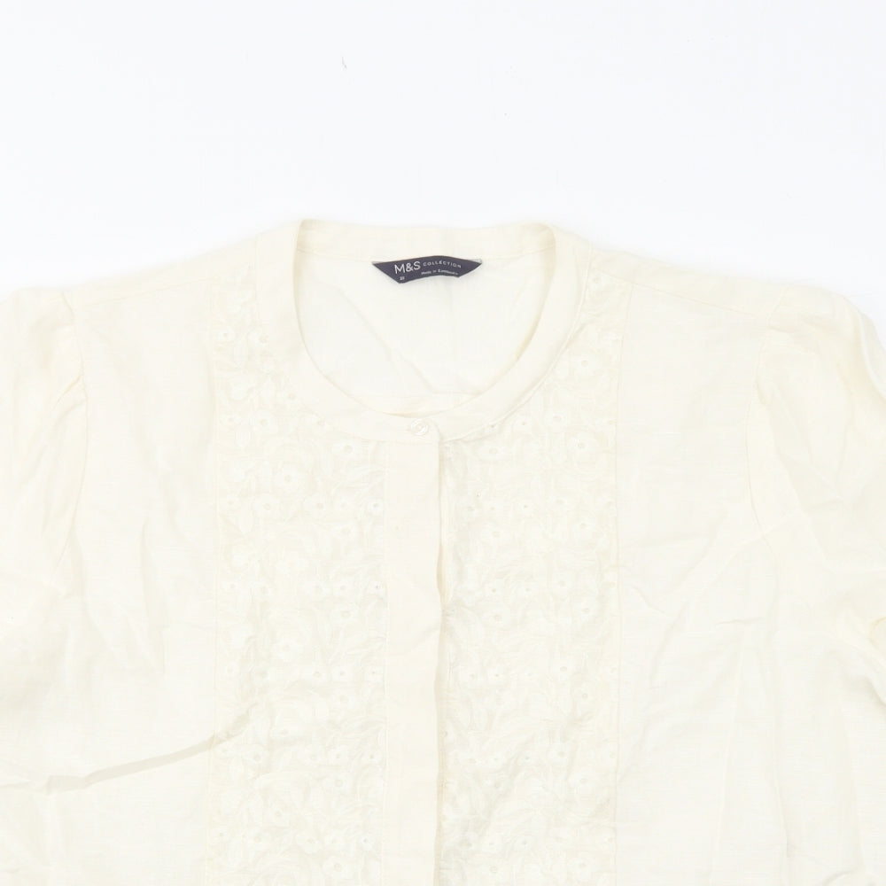 Marks and Spencer Womens Ivory Geometric Linen Basic Blouse Size 22 Round Neck