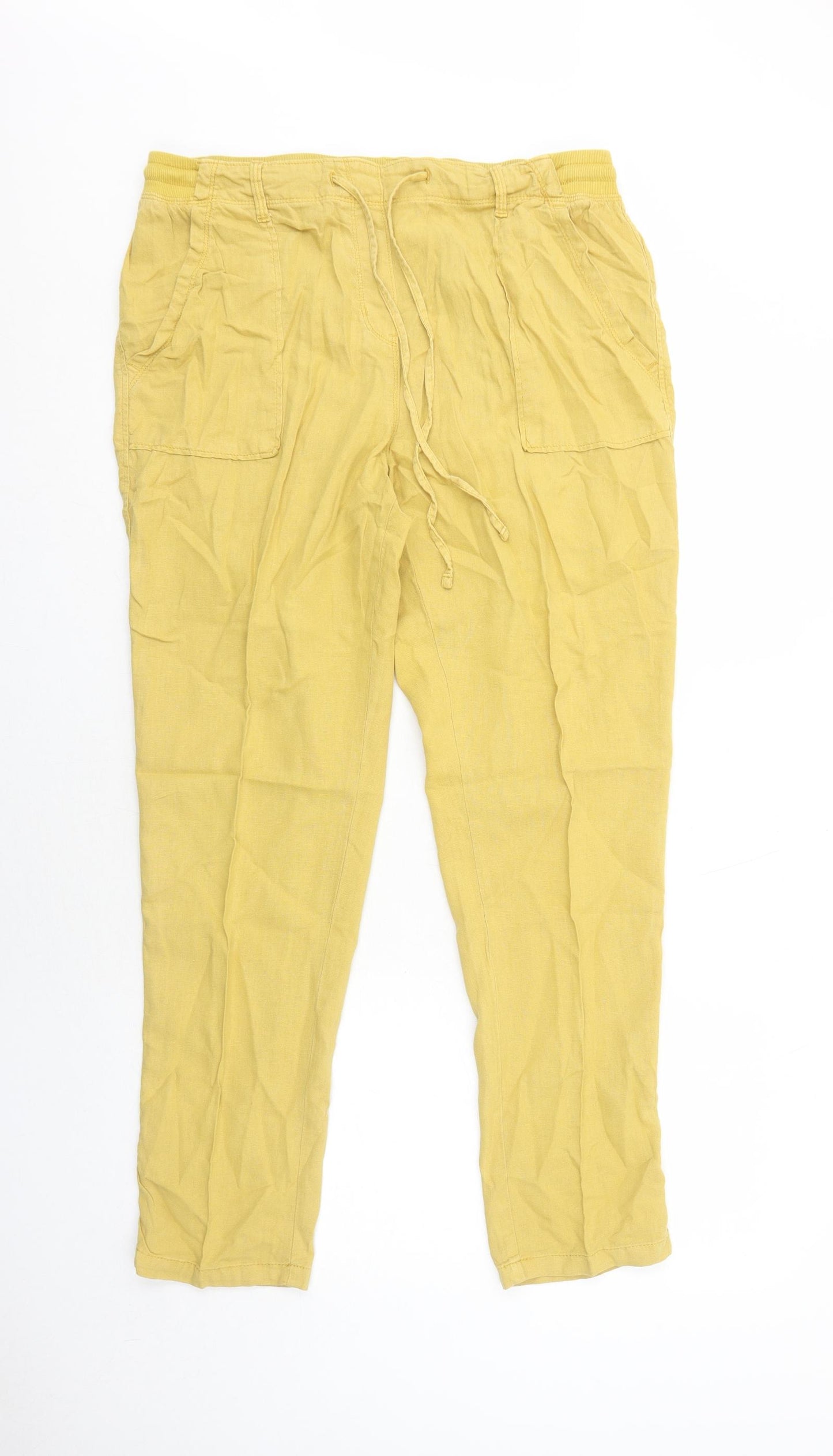 Marks and Spencer Womens Yellow Linen Trousers Size 14 Regular Drawstring