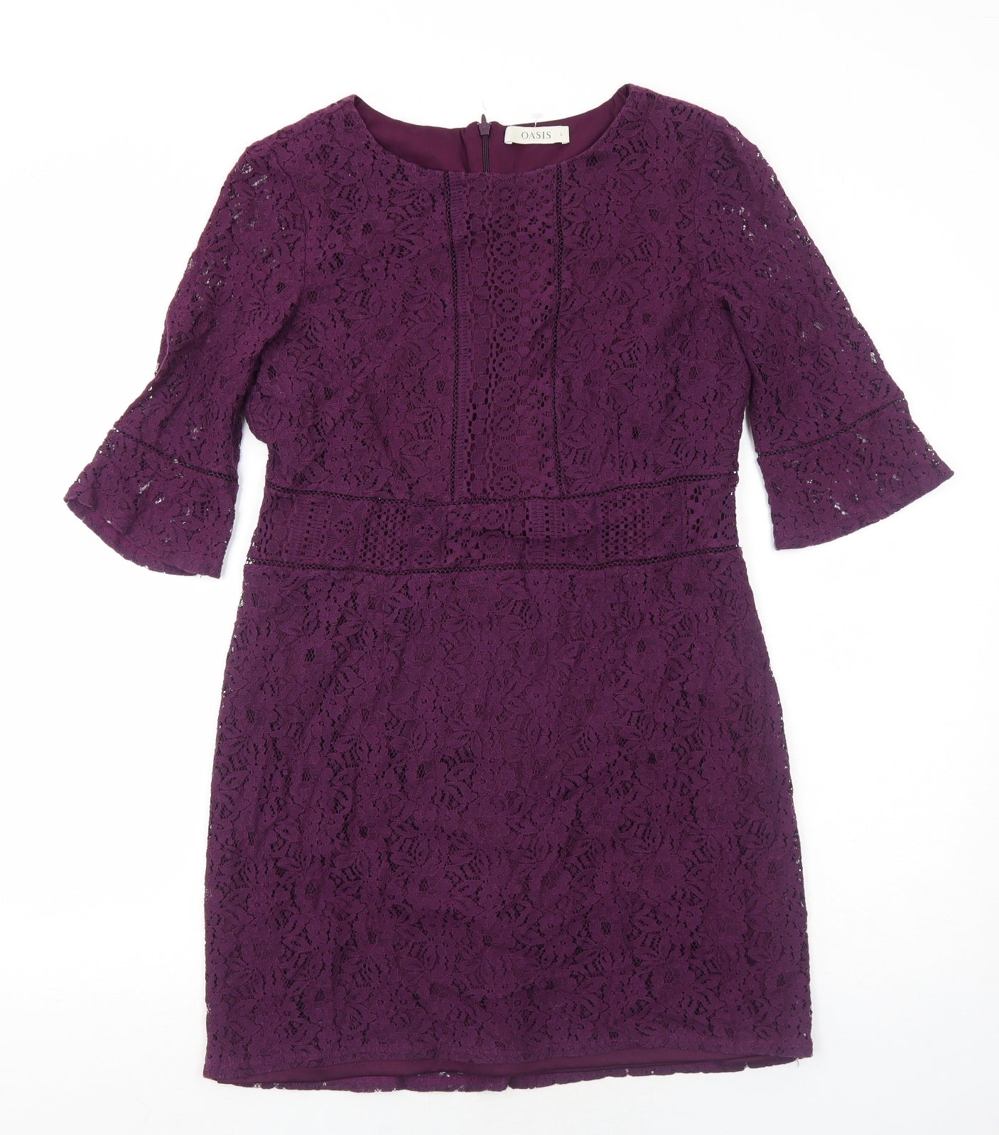 Oasis Womens Purple Floral Cotton A-Line Size L Round Neck Zip