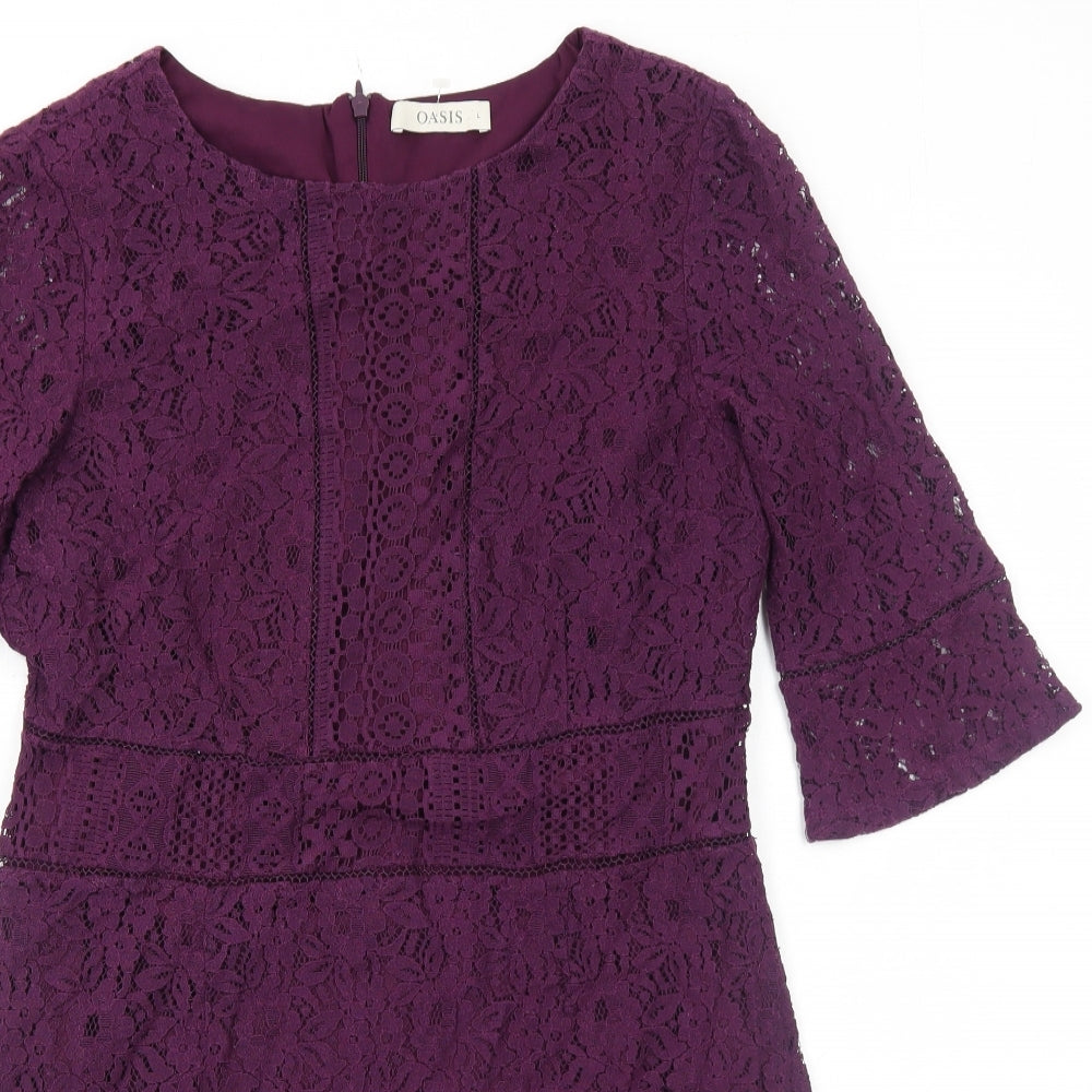 Oasis Womens Purple Floral Cotton A-Line Size L Round Neck Zip