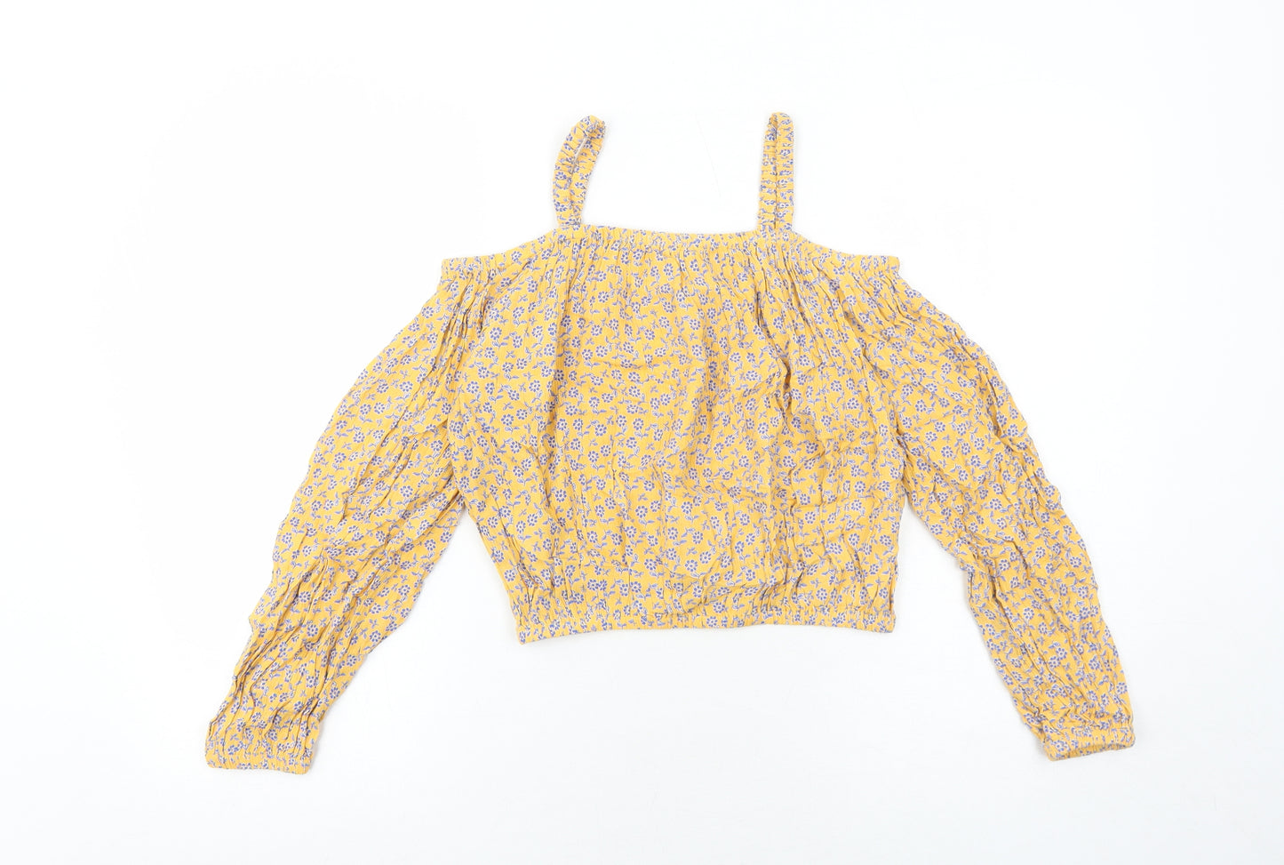 Marks and Spencer Girls Orange Floral Viscose Pullover Blouse Size 11-12 Years Square Neck Pullover