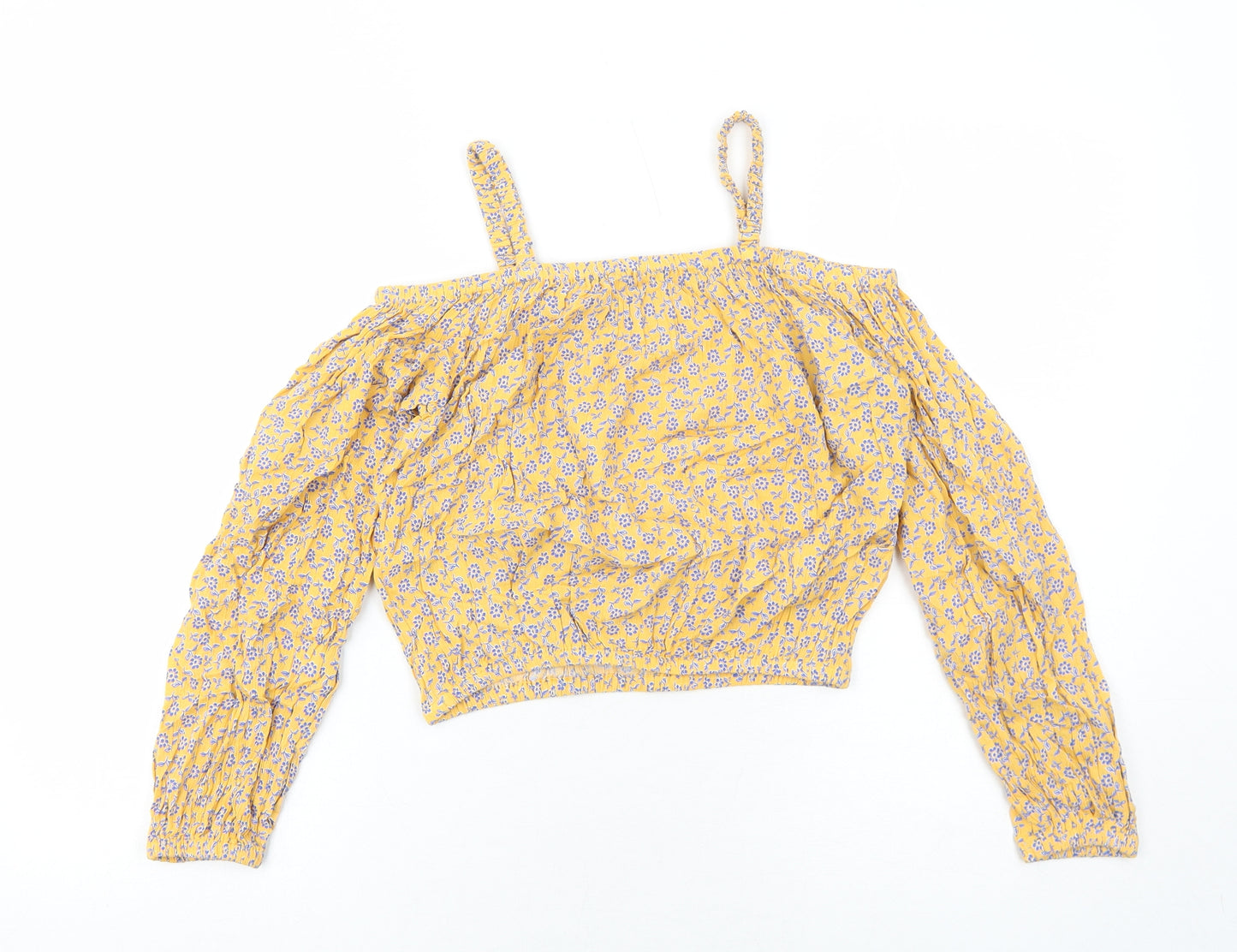 Marks and Spencer Girls Orange Floral Viscose Pullover Blouse Size 11-12 Years Square Neck Pullover