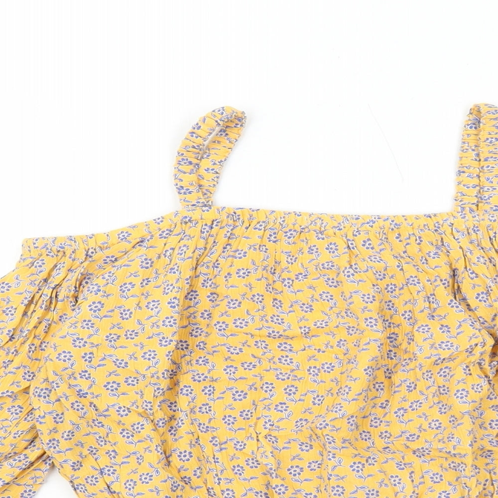 Marks and Spencer Girls Orange Floral Viscose Pullover Blouse Size 11-12 Years Square Neck Pullover