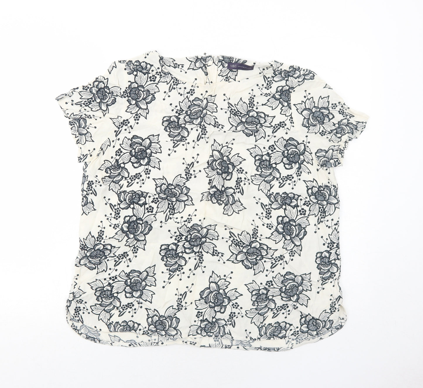 Marks and Spencer Womens Ivory Floral Viscose Basic Blouse Size 16 Round Neck
