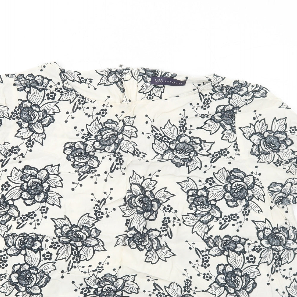 Marks and Spencer Womens Ivory Floral Viscose Basic Blouse Size 16 Round Neck
