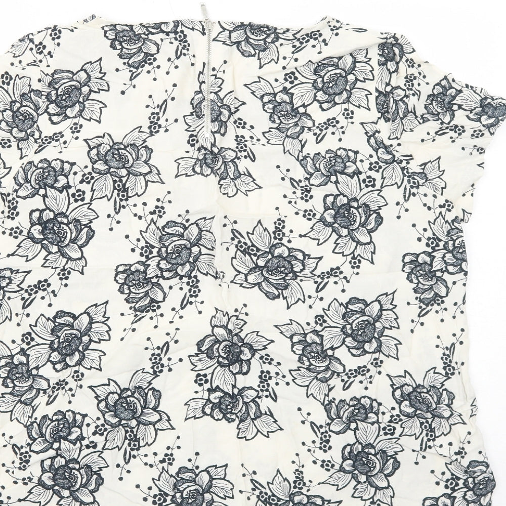 Marks and Spencer Womens Ivory Floral Viscose Basic Blouse Size 16 Round Neck