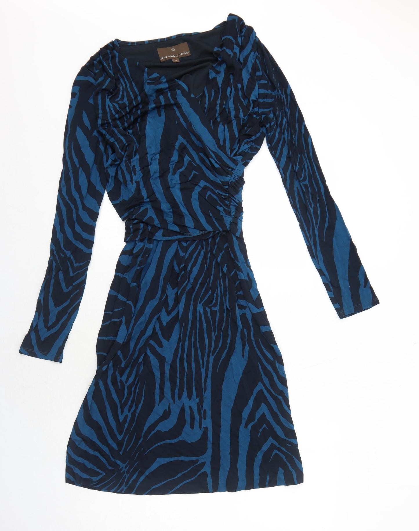 Fenn Wright Manson Womens Blue Animal Print Polyester A-Line Size 14 V-Neck Pullover - Tiger Pattern