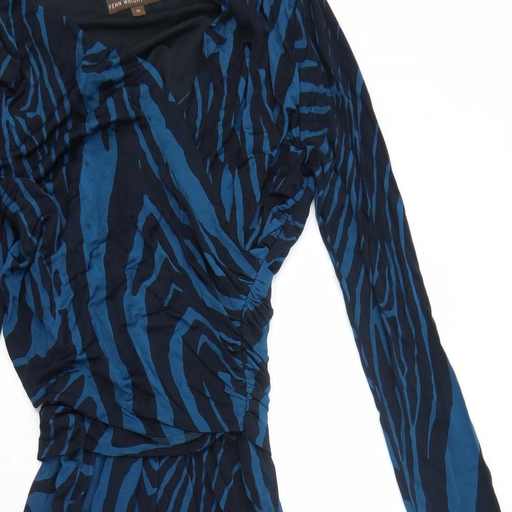 Fenn Wright Manson Womens Blue Animal Print Polyester A-Line Size 14 V-Neck Pullover - Tiger Pattern