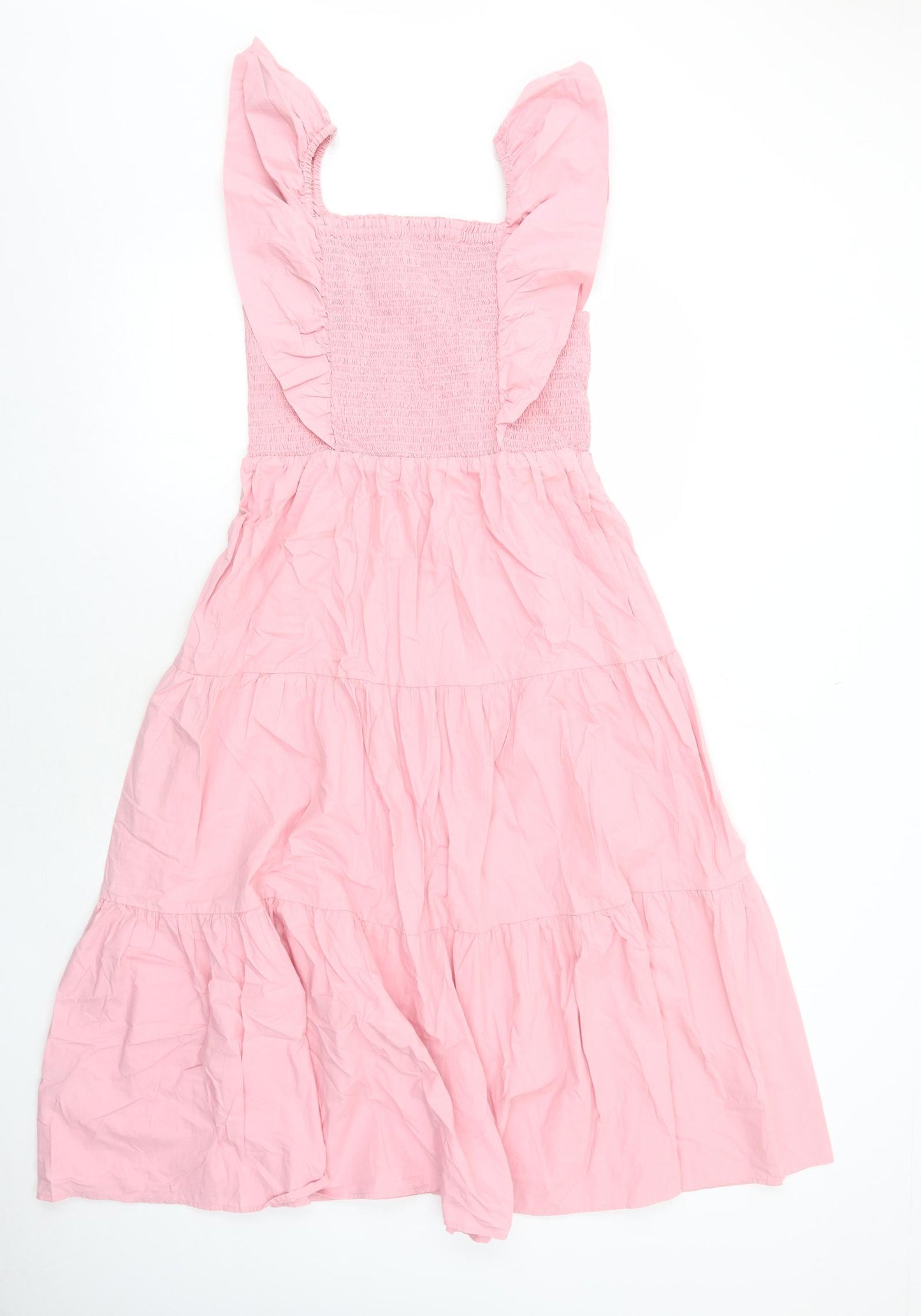 Marks and Spencer Girls Pink Cotton Fit & Flare Size 13-14 Years Square Neck Pullover - Shirred Tiered