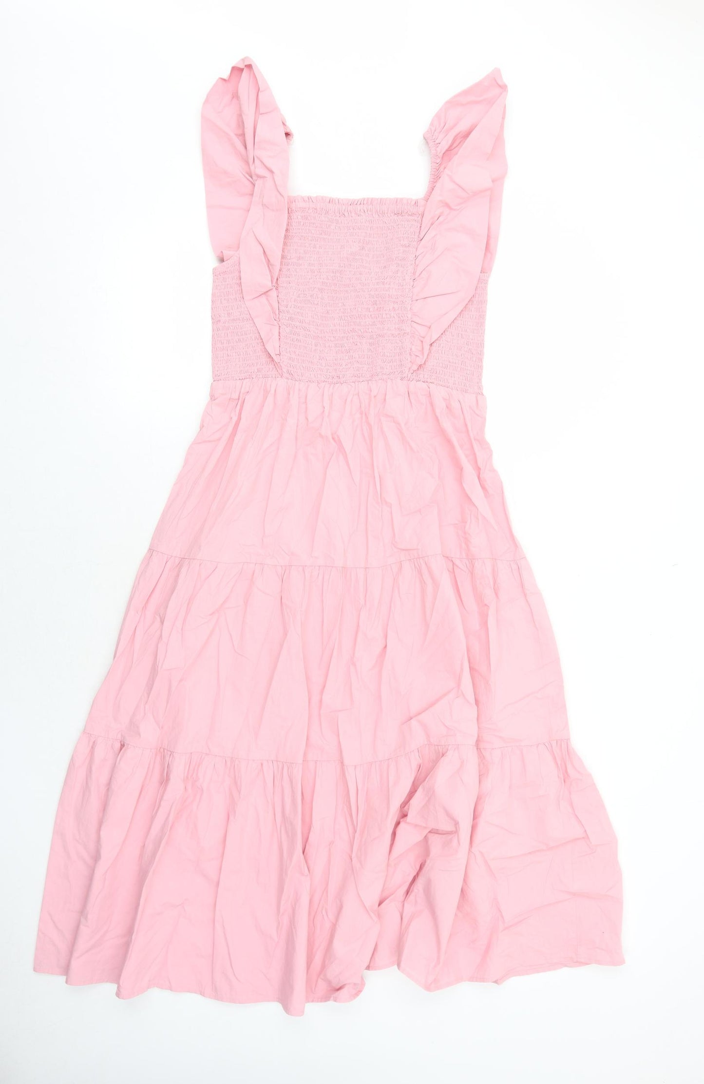 Marks and Spencer Girls Pink Cotton Fit & Flare Size 13-14 Years Square Neck Pullover - Shirred Tiered