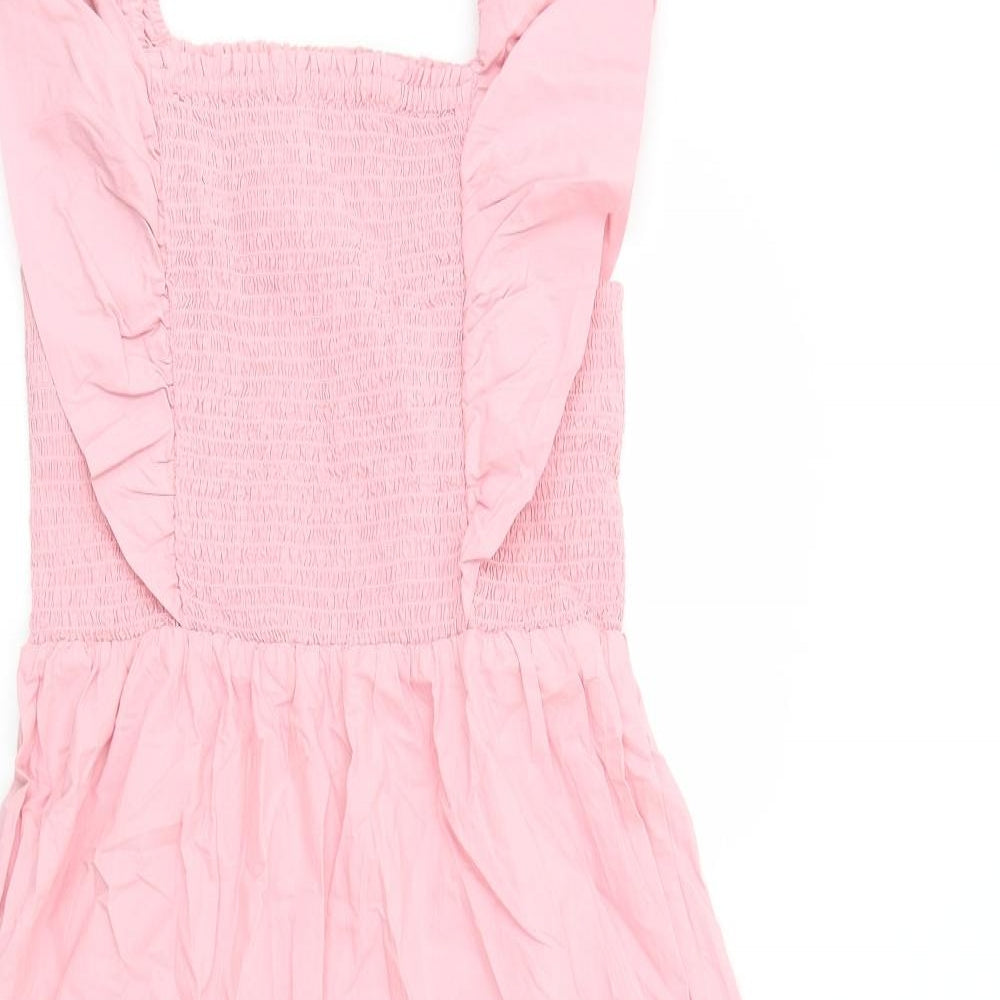 Marks and Spencer Girls Pink Cotton Fit & Flare Size 13-14 Years Square Neck Pullover - Shirred Tiered