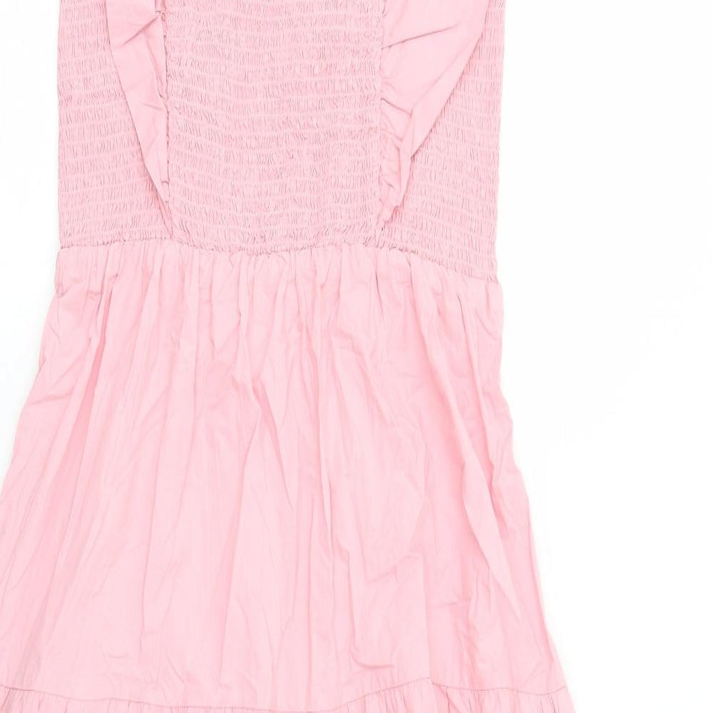 Marks and Spencer Girls Pink Cotton Fit & Flare Size 13-14 Years Square Neck Pullover - Shirred Tiered