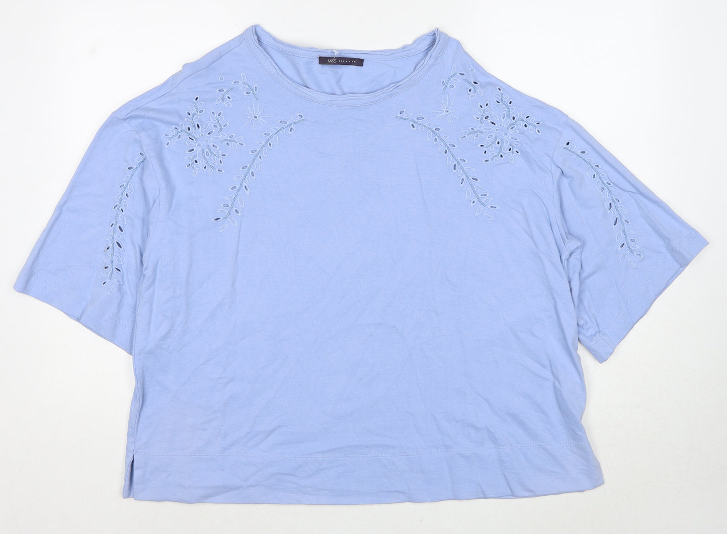 Marks and Spencer Womens Blue Cotton Basic Blouse Size 16 Round Neck - Broderie Anglaise