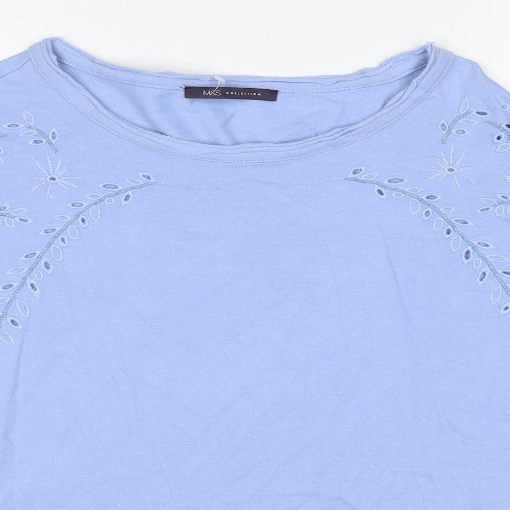 Marks and Spencer Womens Blue Cotton Basic Blouse Size 16 Round Neck - Broderie Anglaise