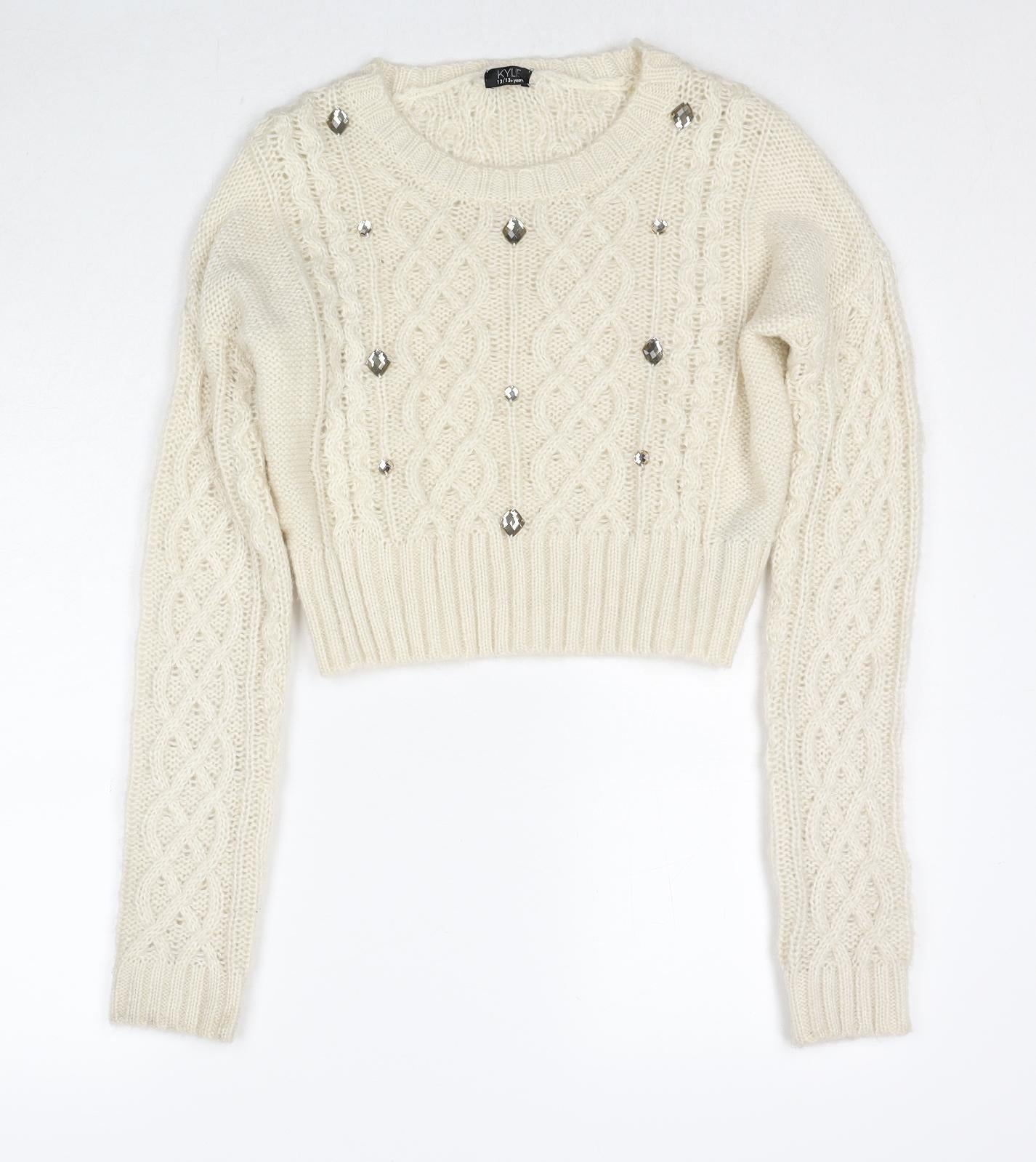 M&Co Girls Ivory Boat Neck Acrylic Pullover Jumper Size 13-14 Years Pullover