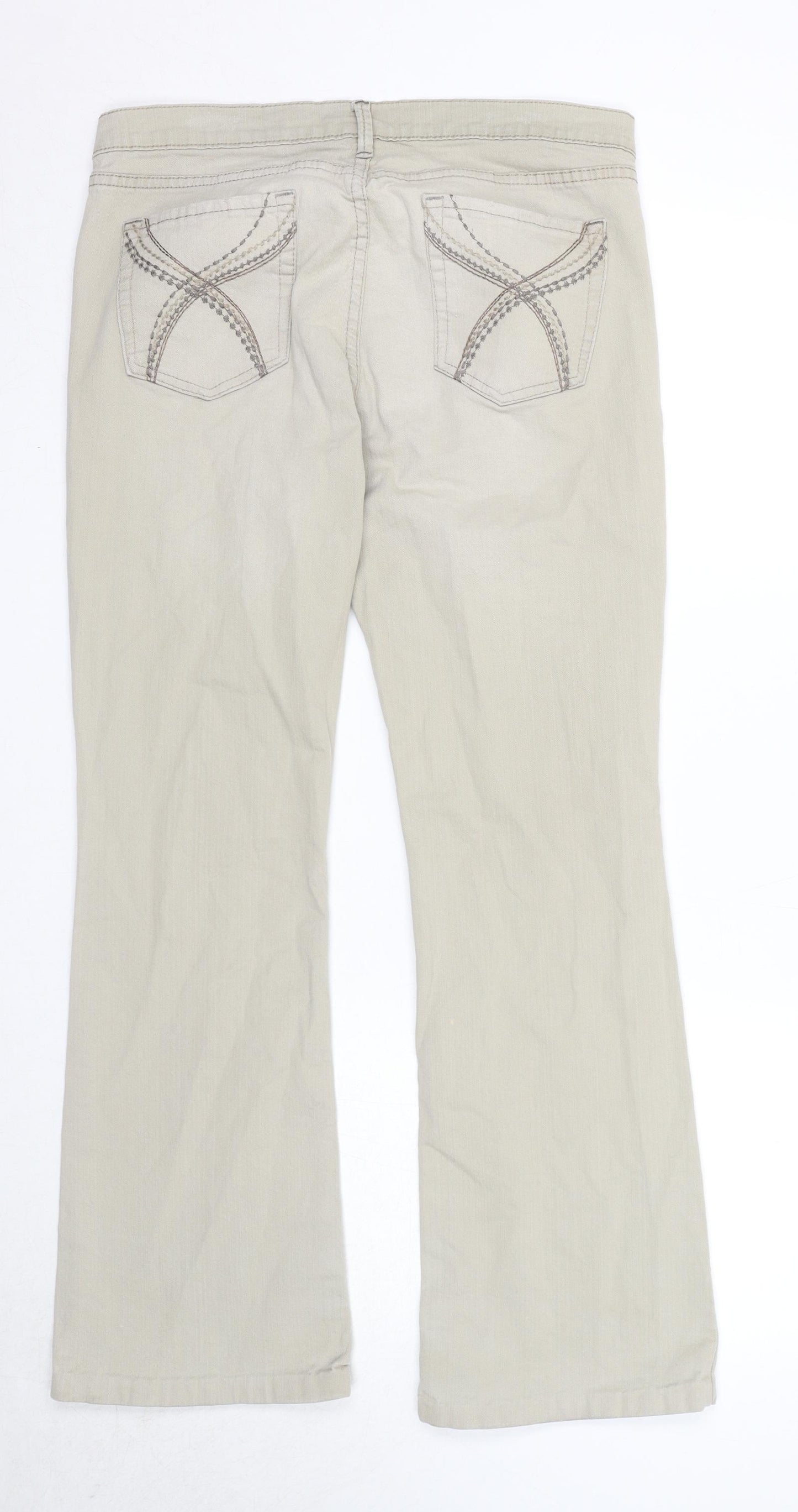 Marks and Spencer Womens Beige Cotton Flared Jeans Size 12 Regular Zip - Embroidered Pockets