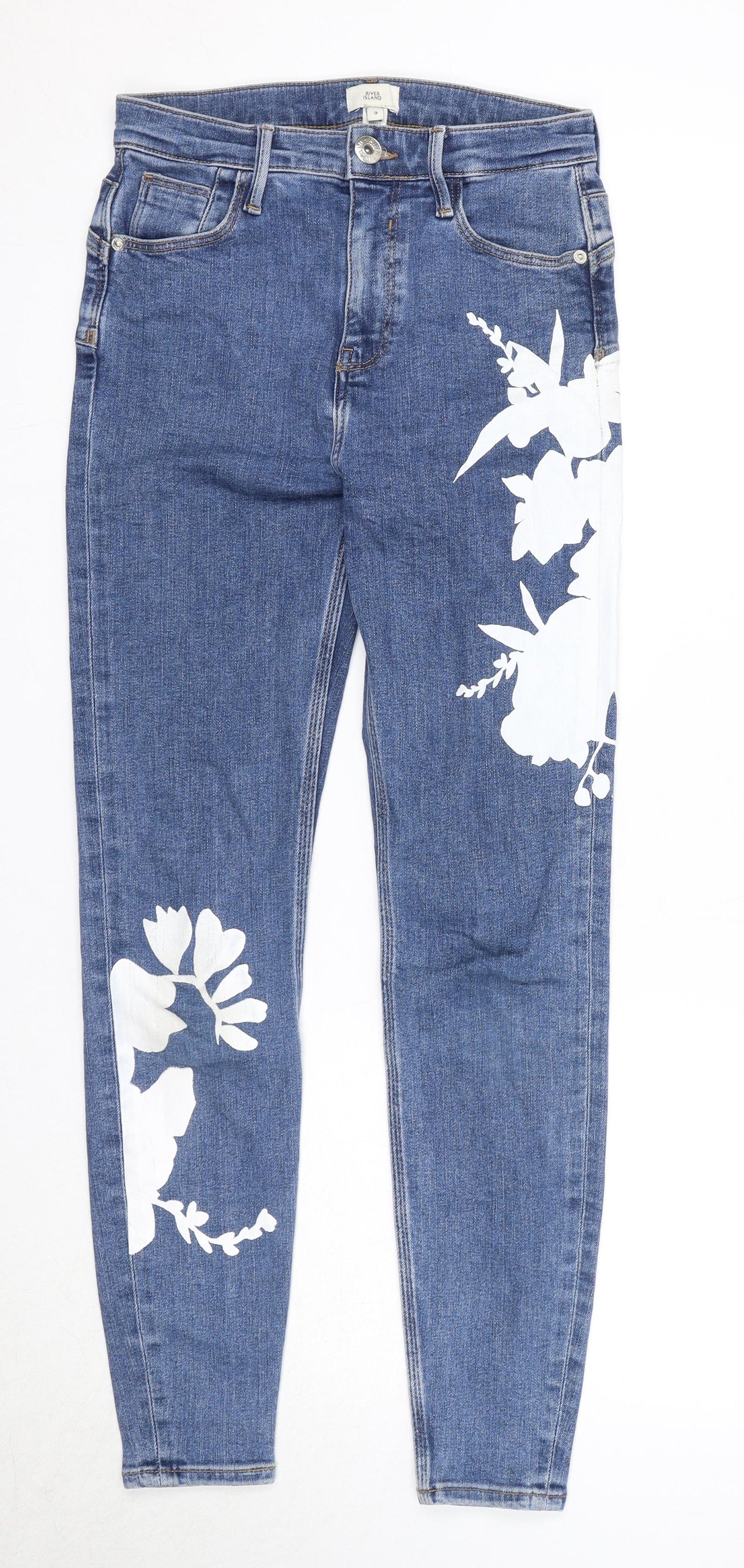 River Island Womens Blue Cotton Skinny Jeans Size 8 Regular Zip - Flower Detail