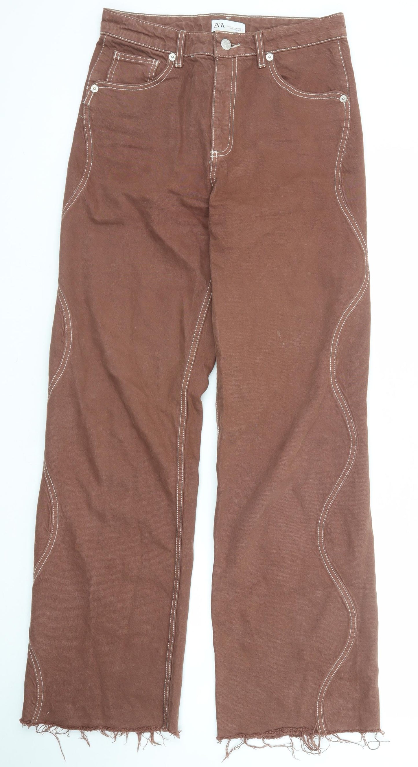 Zara Womens Brown Cotton Wide-Leg Jeans Size 10 Regular Zip