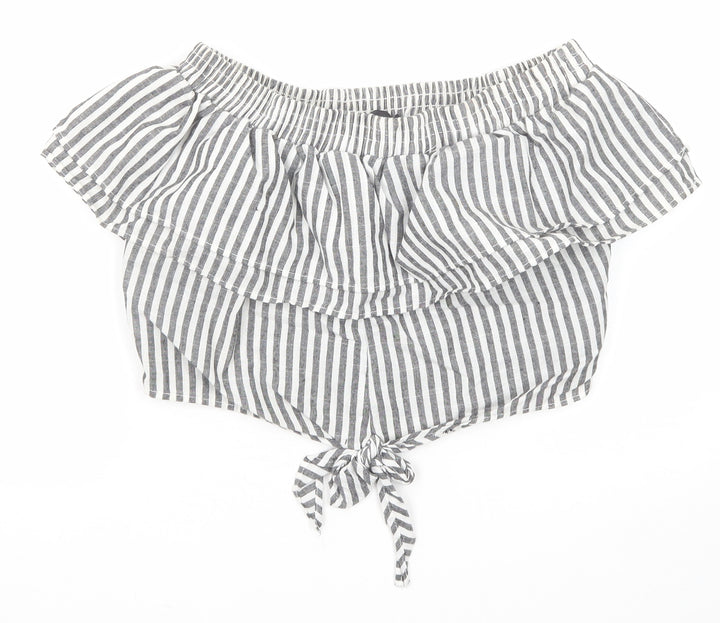 PRETTYLITTLETHING Womens Black Striped Cotton Cropped Tank Size 8 Off the Shoulder