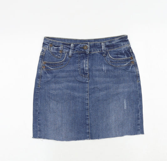 Front view of Marks and Spencer women’s blue cotton a-line skirt, size UK 6, zip
