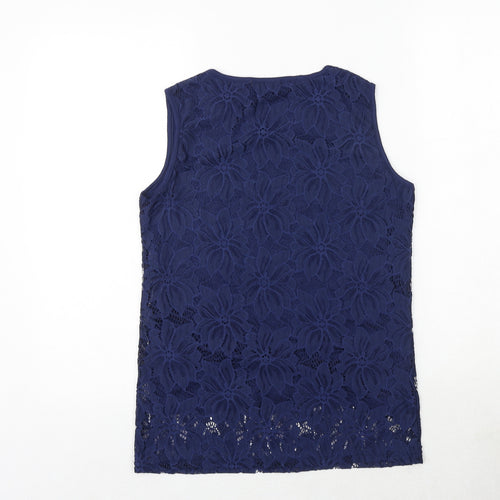 PARAMOUR Womens Blue Floral Polyester Basic Tank Size S Round Neck
