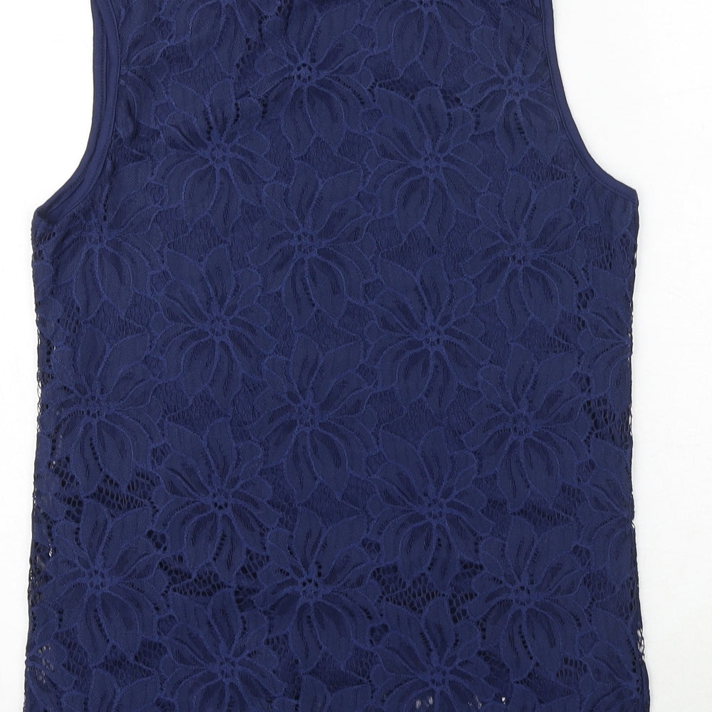PARAMOUR Womens Blue Floral Polyester Basic Tank Size S Round Neck
