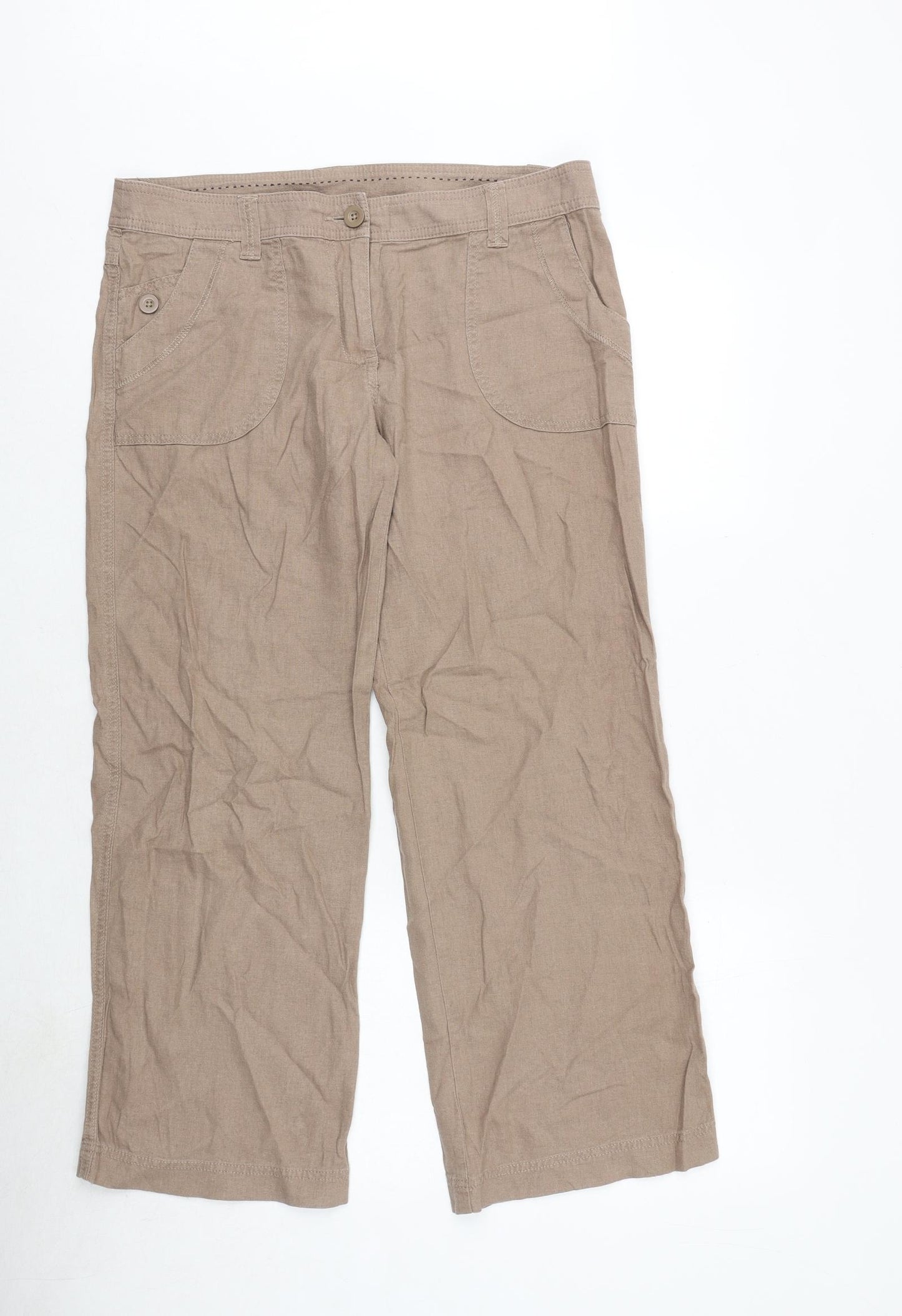 Marks and Spencer Womens Brown Flax Trousers Size 12 Regular Zip