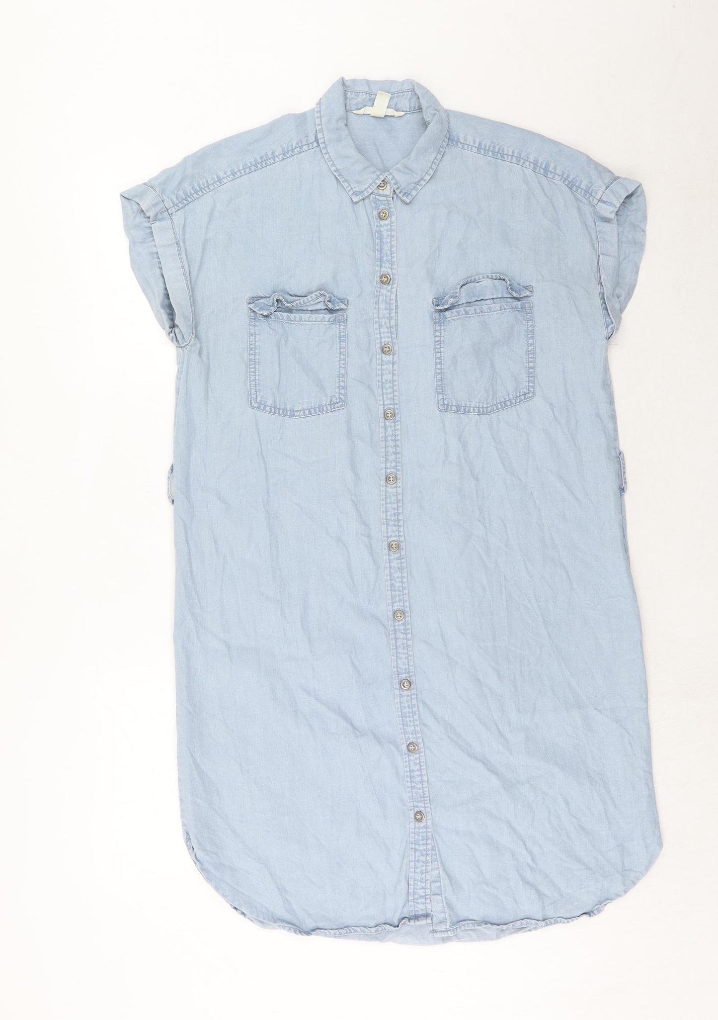 H&M Womens Blue Lyocell Shirt Dress Size 10 Collared Button