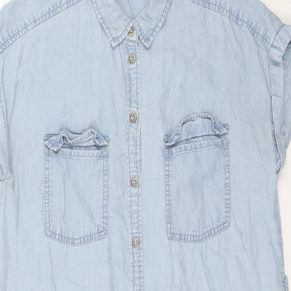 H&M Womens Blue Lyocell Shirt Dress Size 10 Collared Button