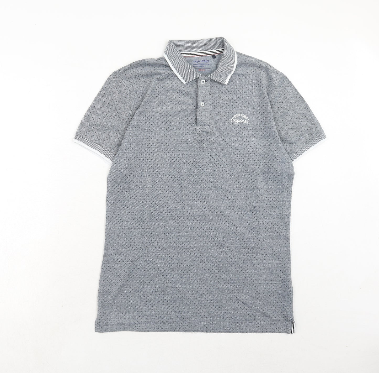 Blend Mens Grey Geometric Cotton Polo Size M Collared Button
