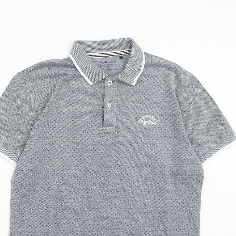 Blend Mens Grey Geometric Cotton Polo Size M Collared Button