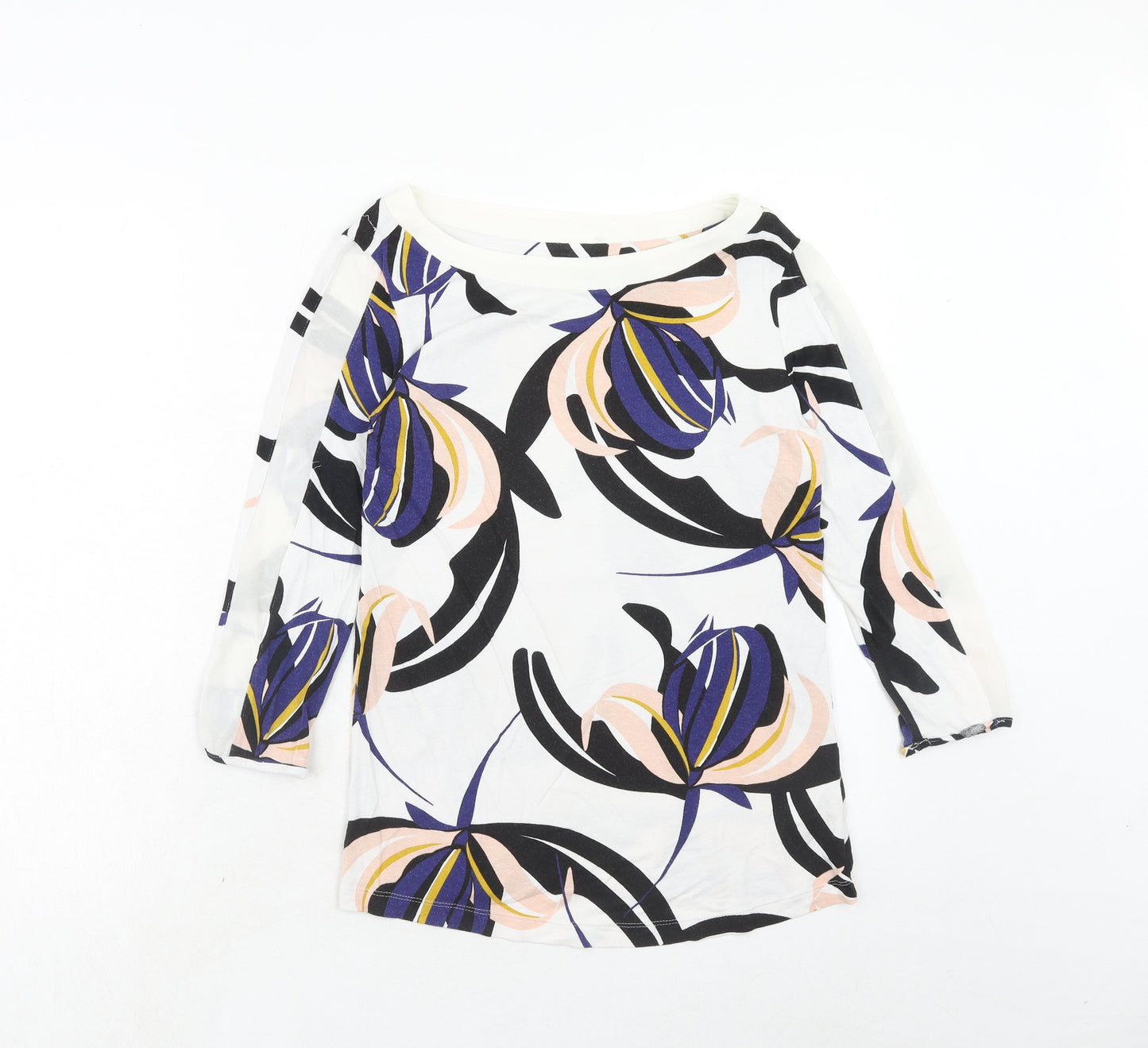 Marks and Spencer Womens White Geometric Viscose Basic T-Shirt Size 10 Boat Neck