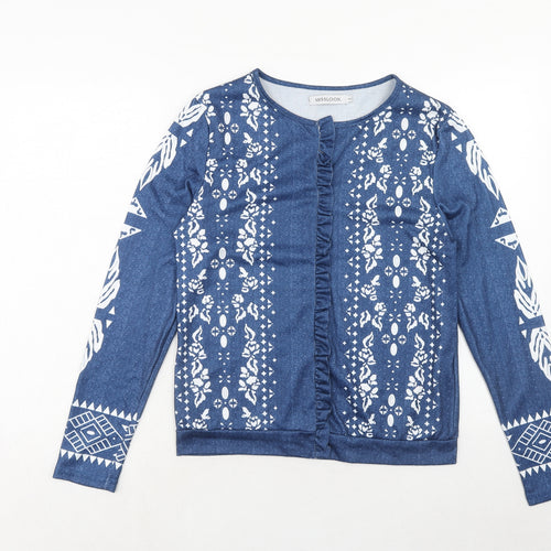 MissLook Womens Blue Geometric Polyester Basic Blouse Size S Boat Neck