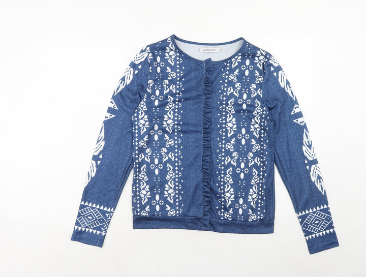 MissLook Womens Blue Geometric Polyester Basic Blouse Size S Boat Neck