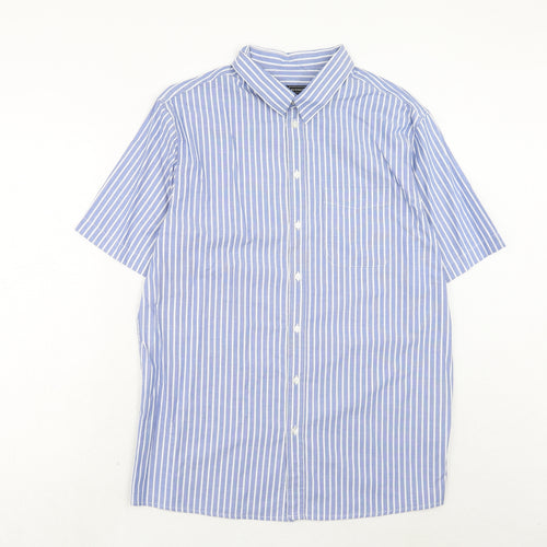 Avenue Mens Blue Striped Cotton Button-Up Size L Collared Button