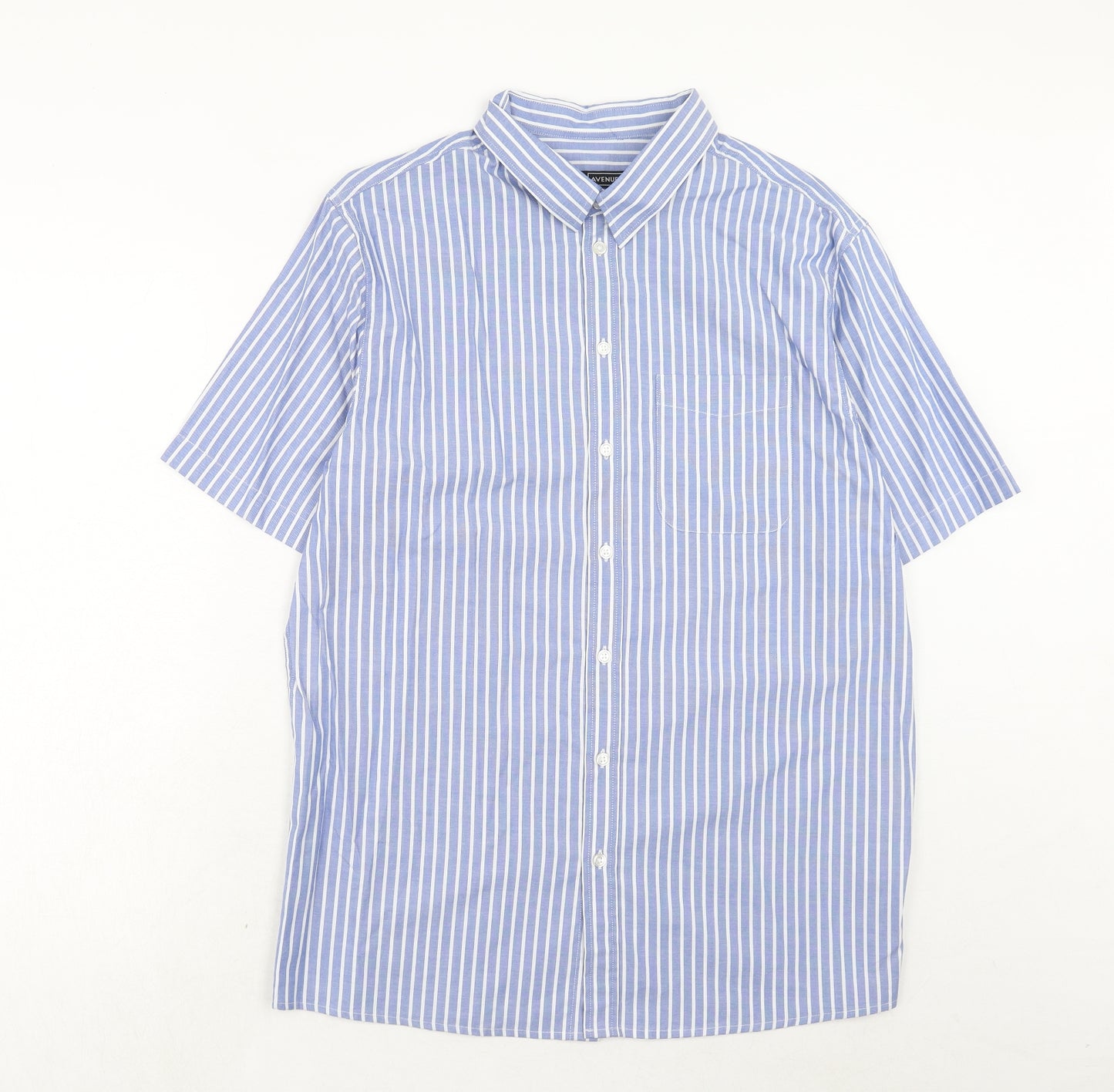 Avenue Mens Blue Striped Cotton Button-Up Size L Collared Button