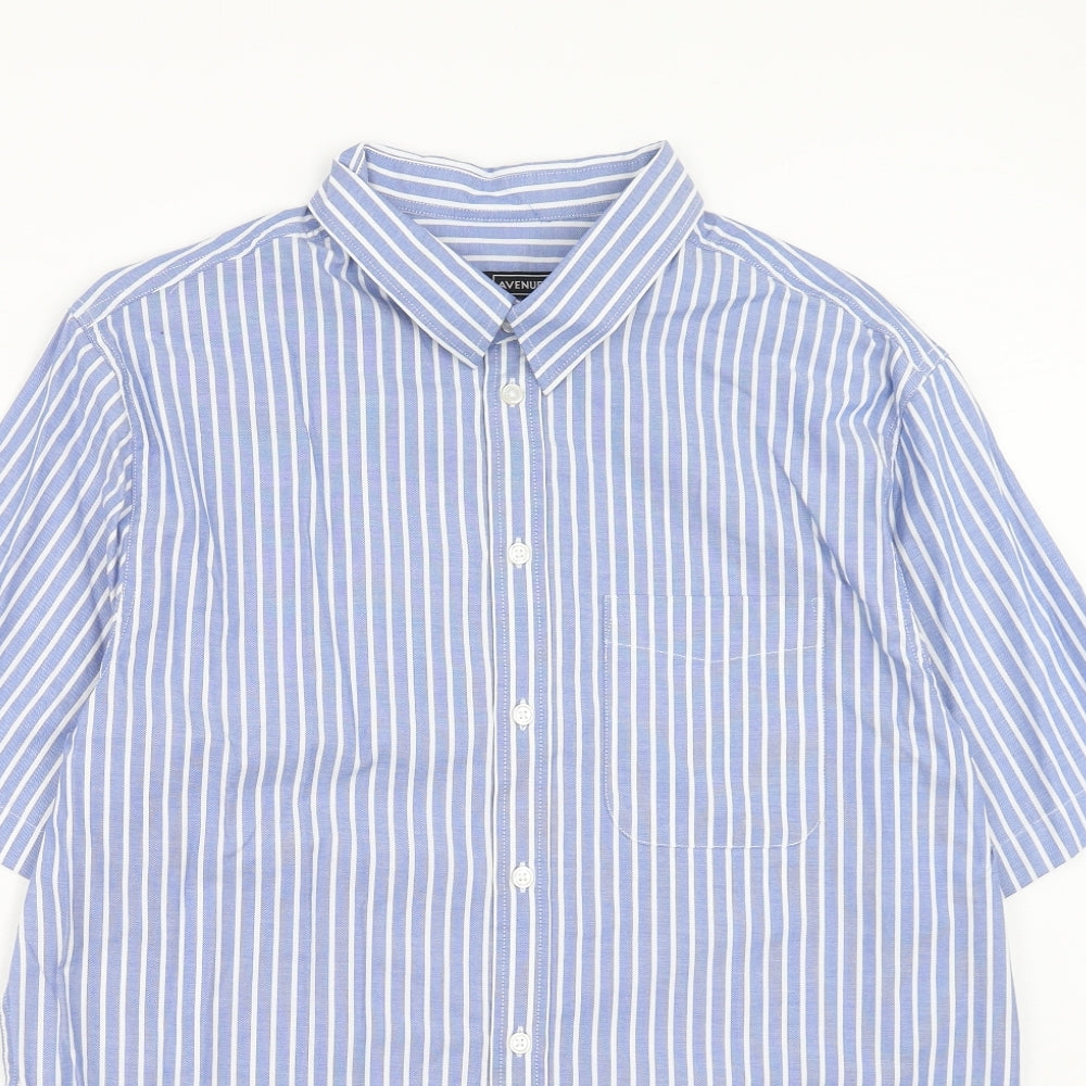 Avenue Mens Blue Striped Cotton Button-Up Size L Collared Button