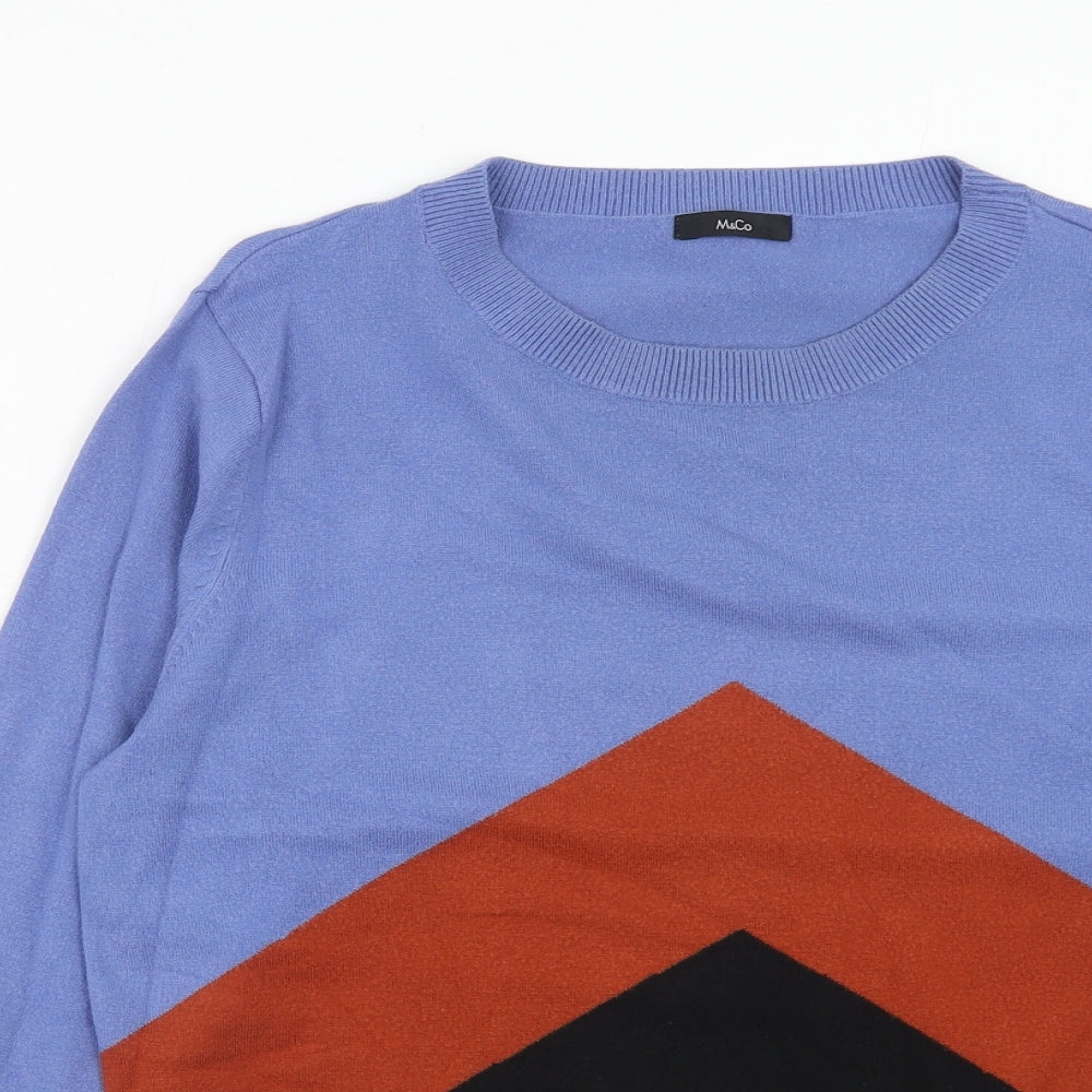 M&Co Womens Blue Round Neck Geometric Viscose Pullover Jumper Size 14