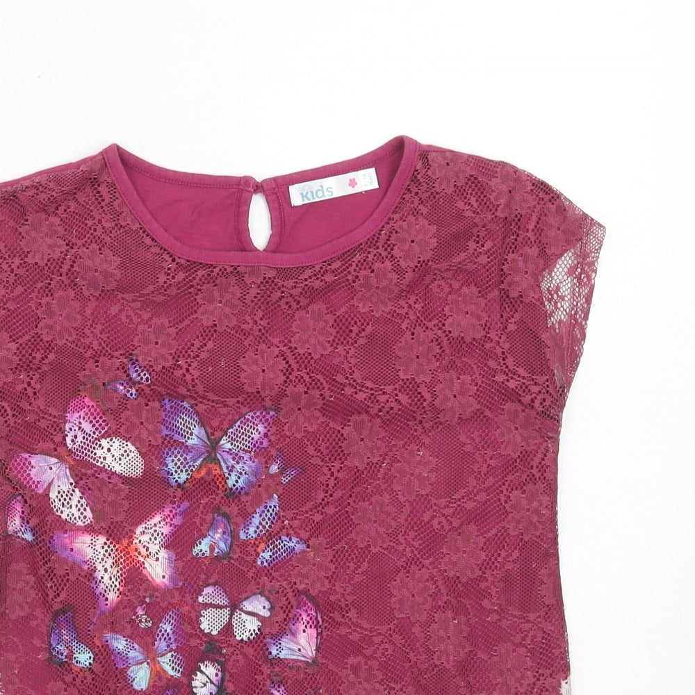 M&Co Girls Pink Geometric Cotton Basic Blouse Size 9-10 Years Round Neck Button - Butterfly Print