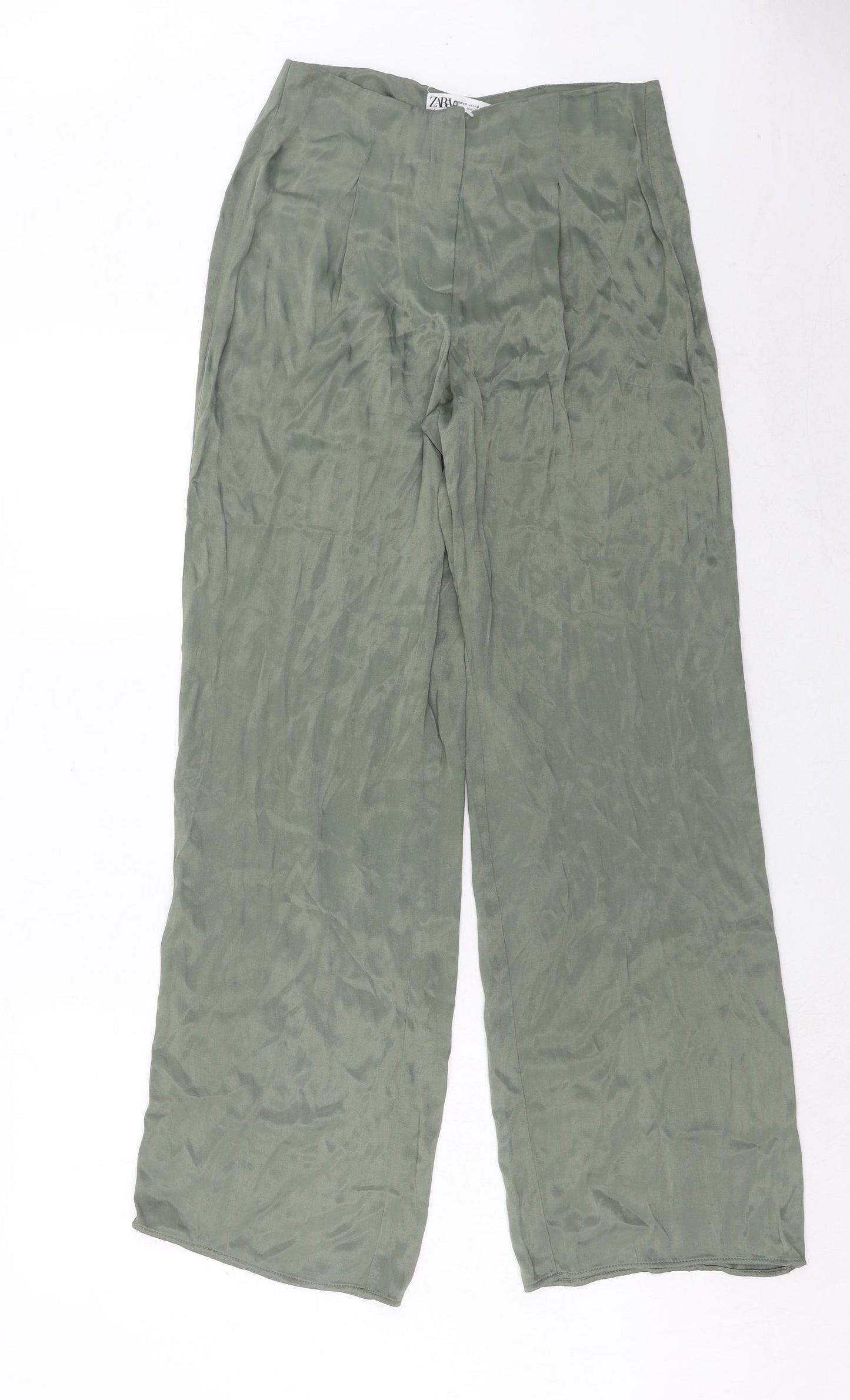 Zara Womens Green Viscose Trousers Size XS Regular Hook & Eye