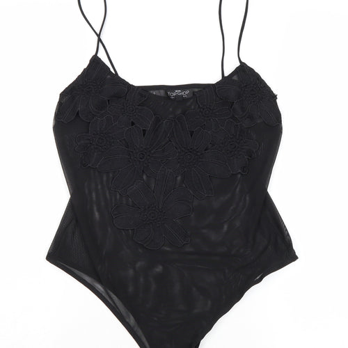 Topshop Womens Black Polyester Bodysuit One-Piece Size 14 Snap - Flower Detail